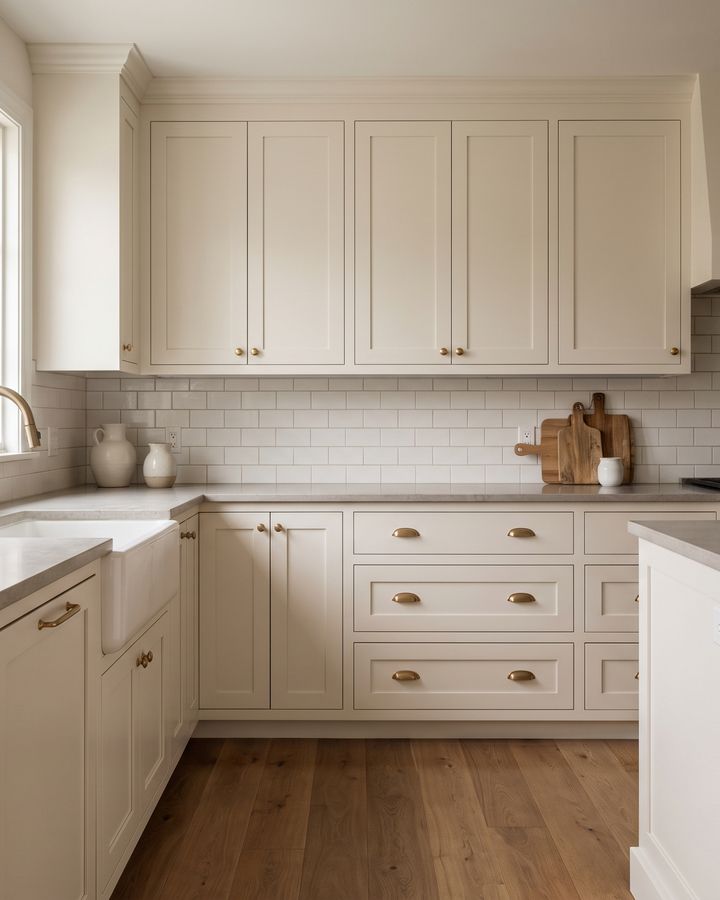 Finished kitchen with shaker cabinets and brass hardware