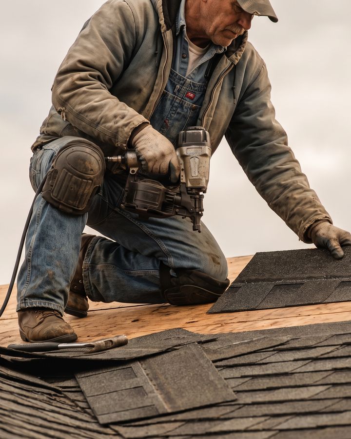 Roofer laying a fresh course of shingles